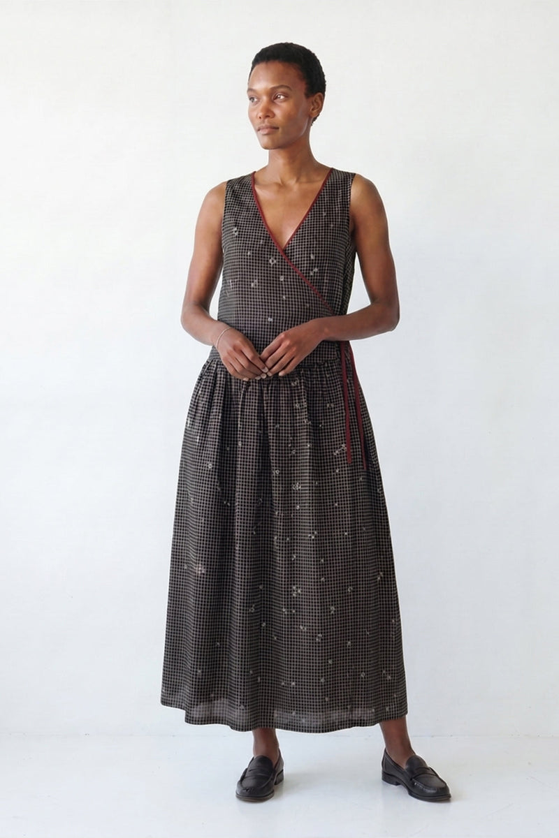 The Grid Wrap Dress-Black cotton jamdani dress by World of Crow in black for women Worldwide