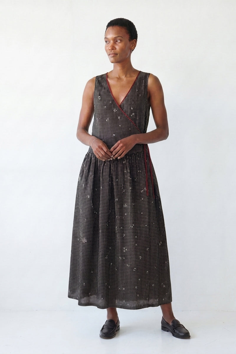 The Grid Wrap Dress-Black cotton jamdani dress by World of Crow in black for women Worldwide