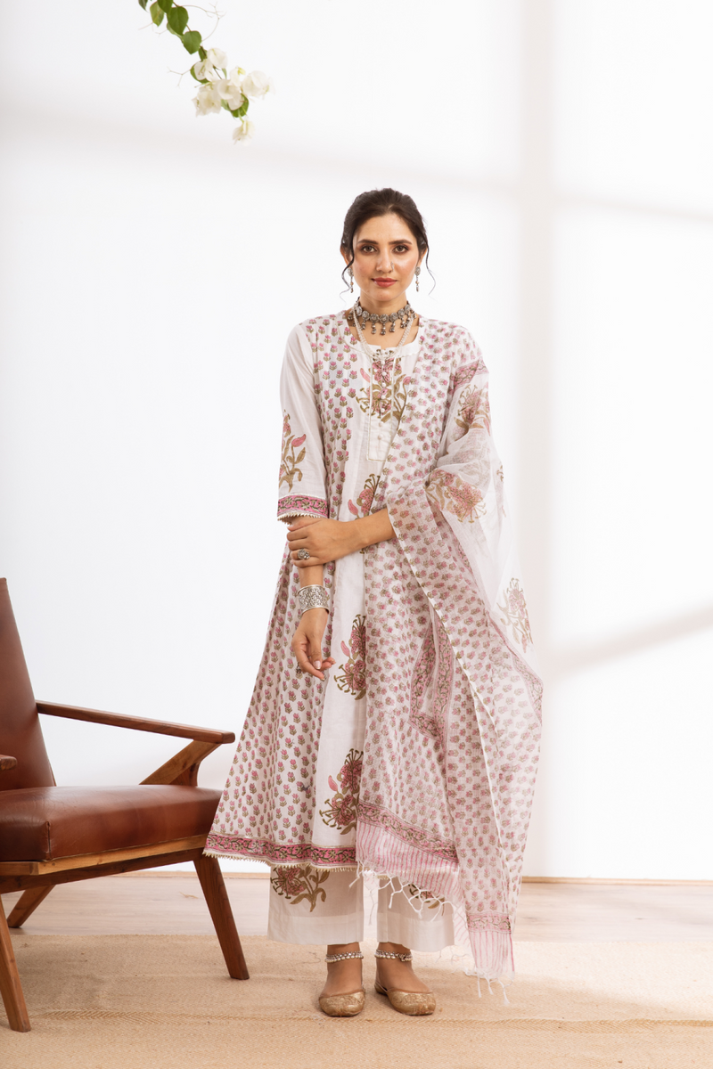 Himshweta - white hand block printed cotton kalidar set cotton by Maison Shefali in white color for women Worldwide
