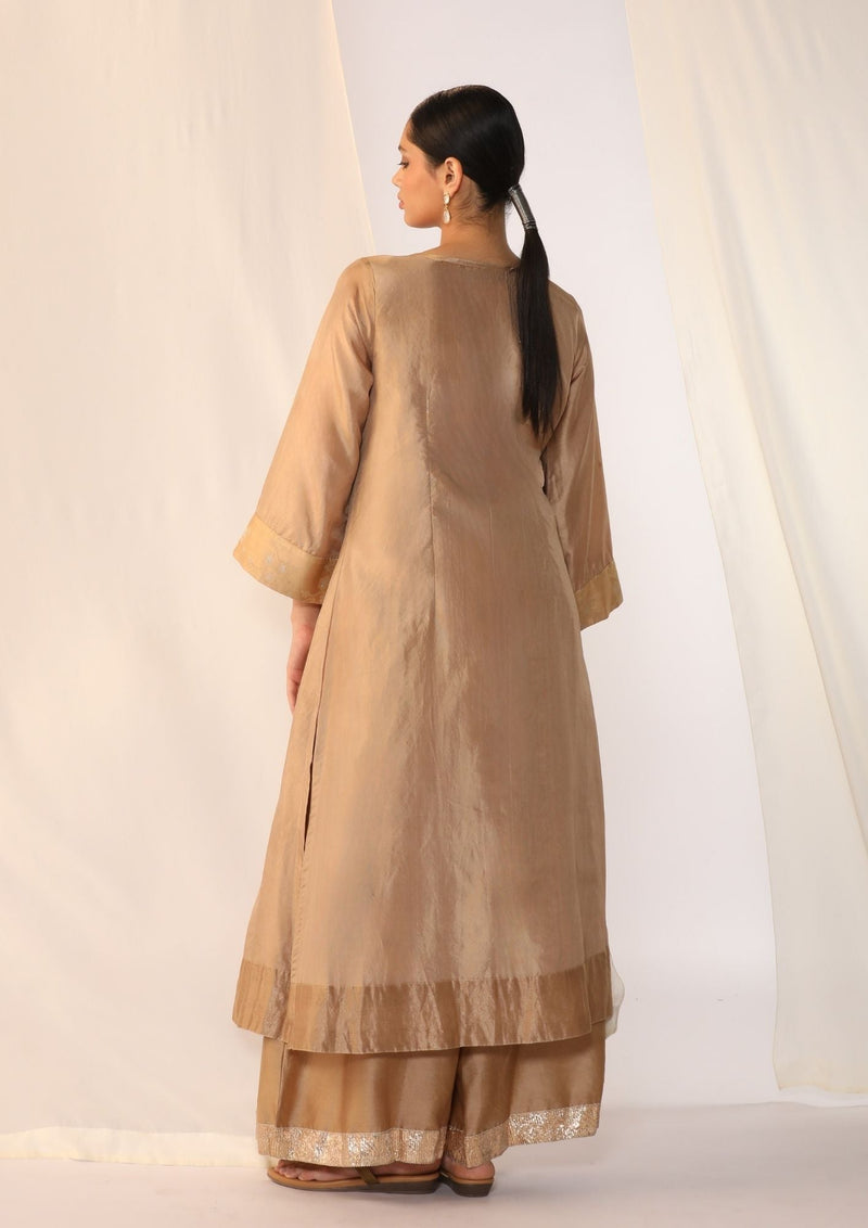 Silk kurta scatter embroidery and refined pintuck silk by Myoho in beige color for women Worldwide