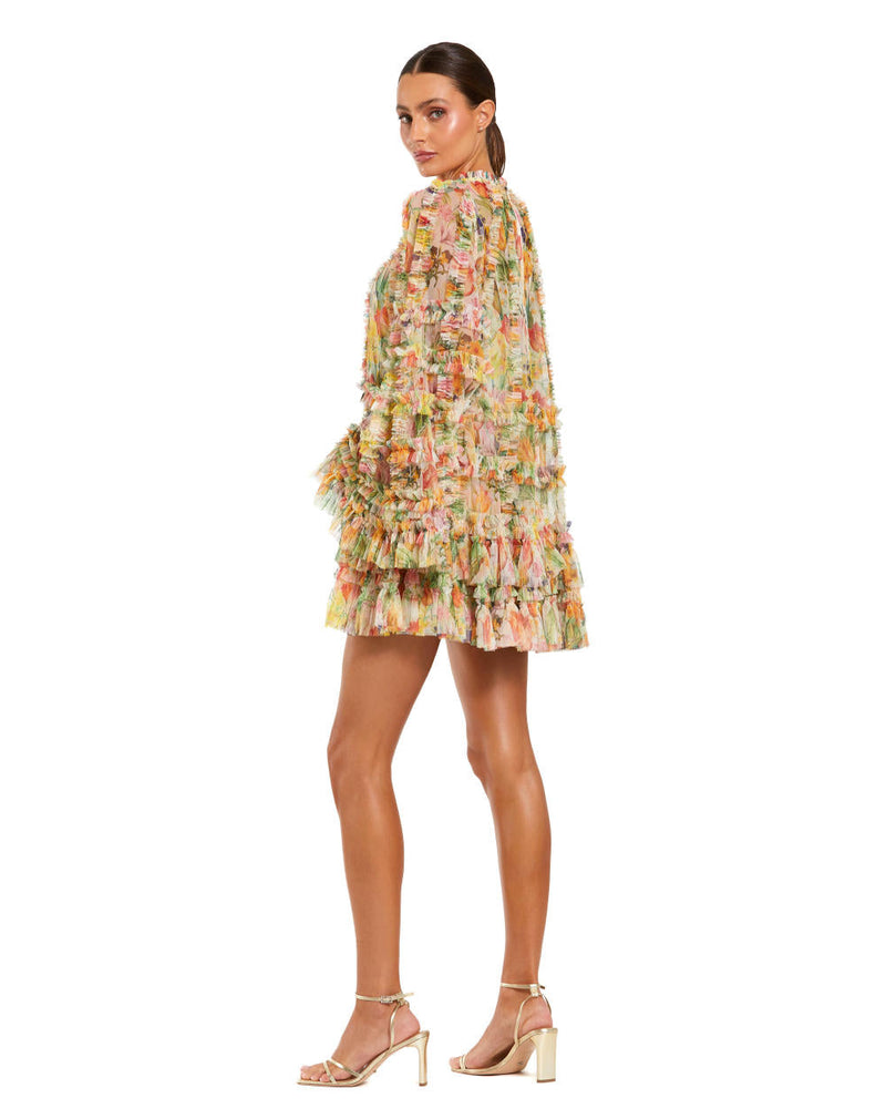 8300-Printed Mesh Ruffle High Neck Mini Dress by Mac Duggal for women Worldwide