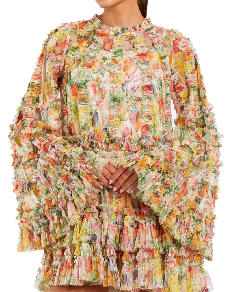 8300-Printed Mesh Ruffle High Neck Mini Dress by Mac Duggal for women Worldwide
