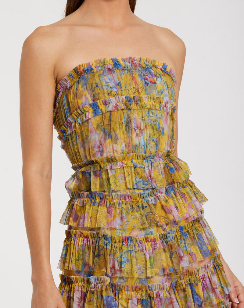 8301-Ruffle Mesh Strapless Midi Dress by Mac Duggal in yellow color for women Worldwide