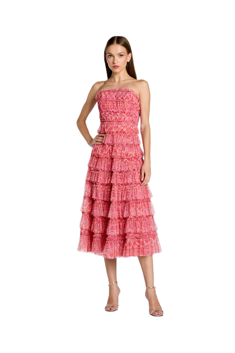 8301 - Pink Floral Strapless Ruffle Maxi Dress polyester cocktail/party dress by Mac Duggal in pink for women Worldwide