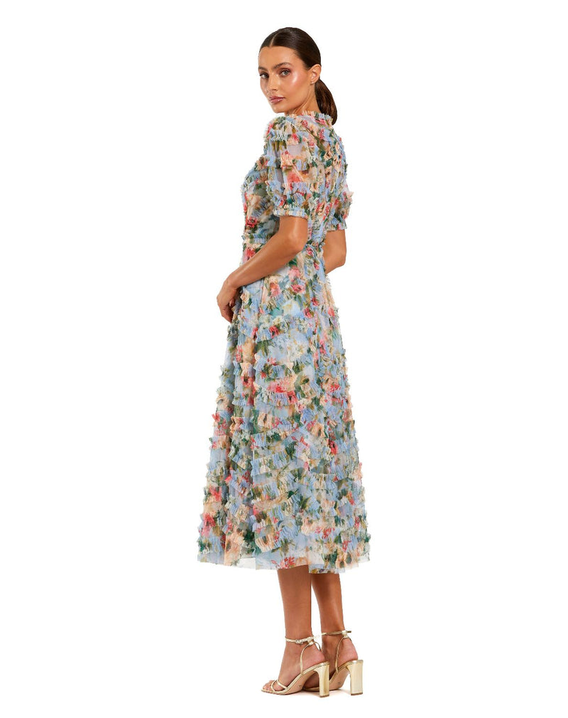 8302-Blue Floral Mesh Ruffle High Neck Midi Dress mul by Mac Duggal in multi color for women Worldwide
