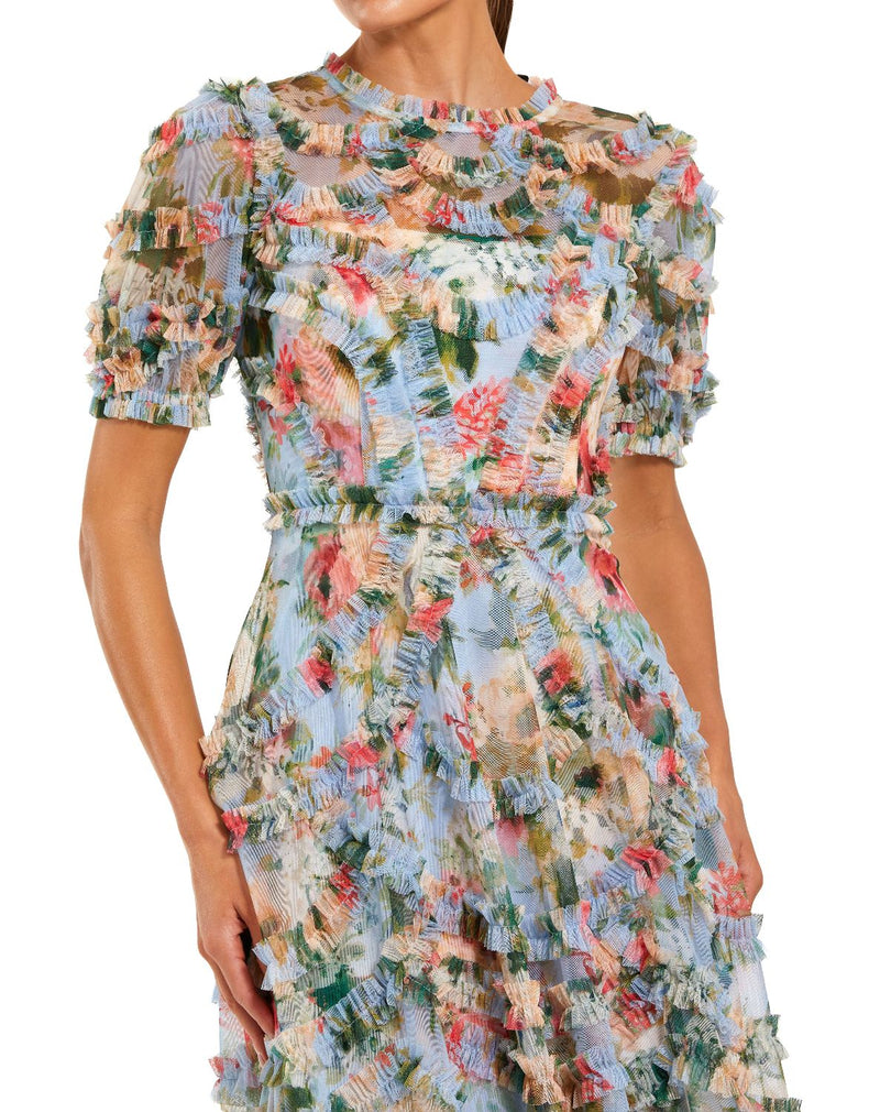 8302-Blue Floral Mesh Ruffle High Neck Midi Dress mul by Mac Duggal in multi color for women Worldwide