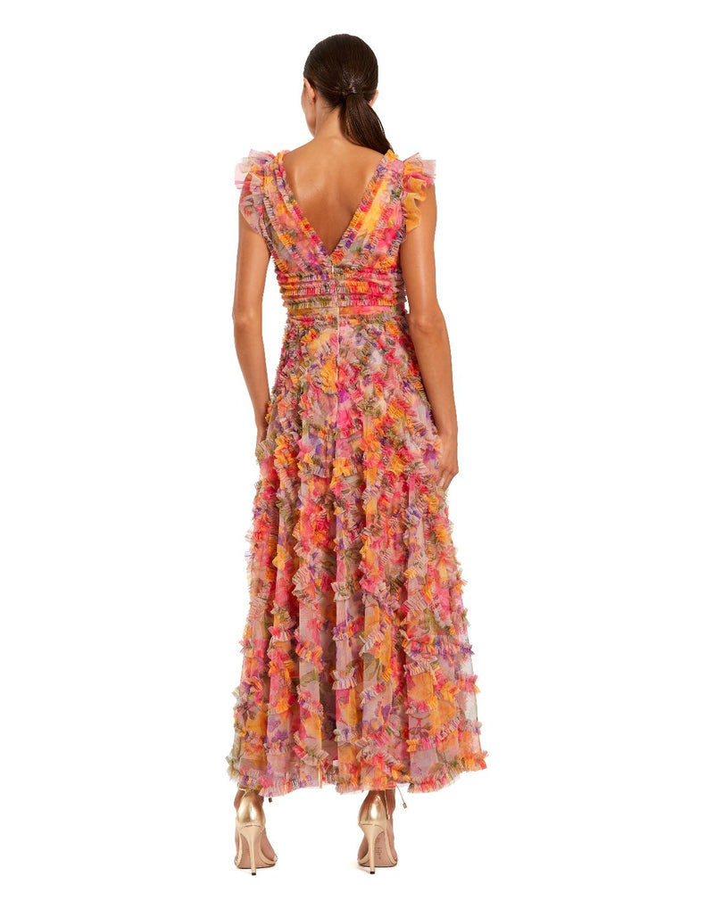 8303-Multicolor Floral V-neck Ruffle Maxi Dress mul by Mac Duggal in multi color for women Worldwide