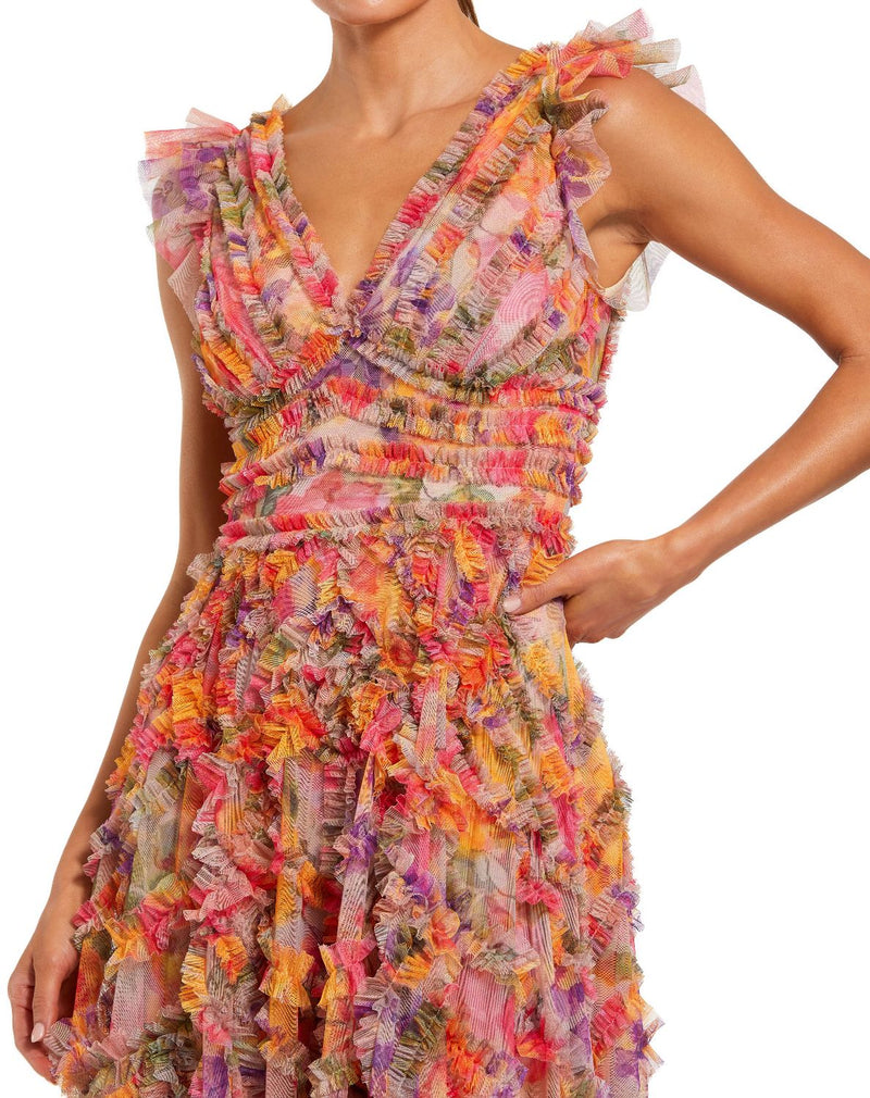 8303-Multicolor Floral V-neck Ruffle Maxi Dress mul by Mac Duggal in multi color for women Worldwide