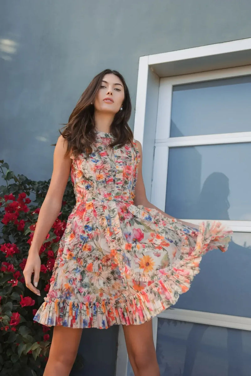 8307 - Multicolor Micro Ruffle Floral A-Line Mini Dress mul by Mac Duggal in multi color for women Worldwide