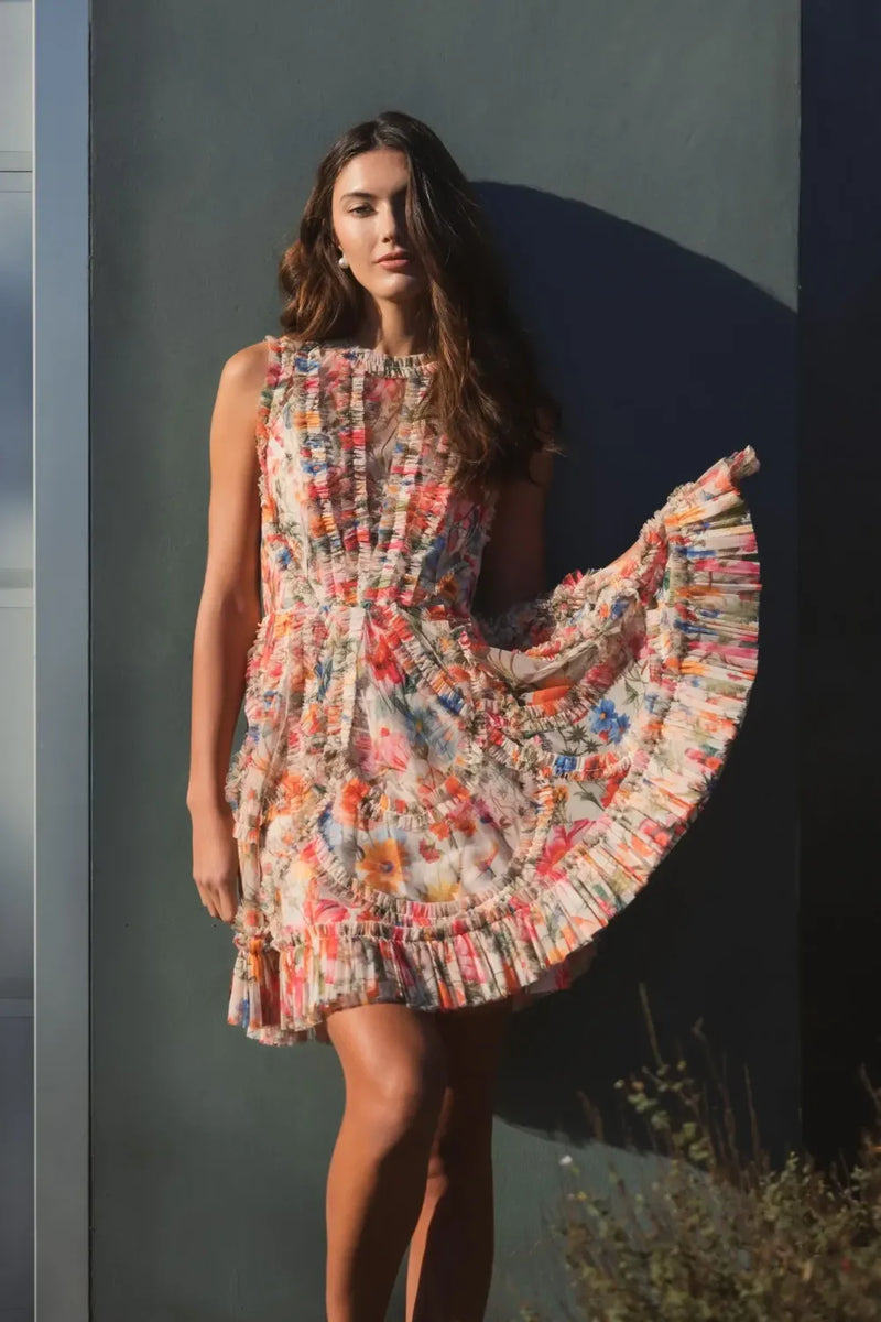 8307 - Multicolor Micro Ruffle Floral A-Line Mini Dress mul by Mac Duggal in multi color for women Worldwide