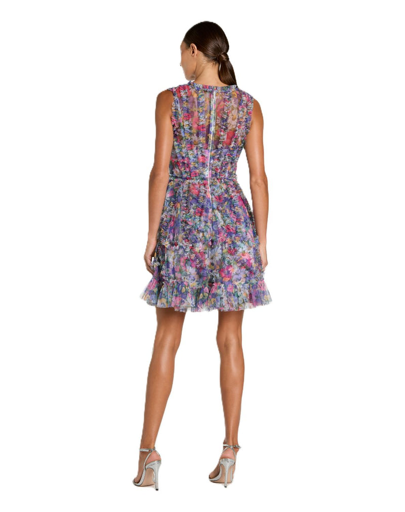 8307 - Purple Multi Micro Ruffle Floral A-Line Mini Dress by Mac Duggal in purple color for women Worldwide