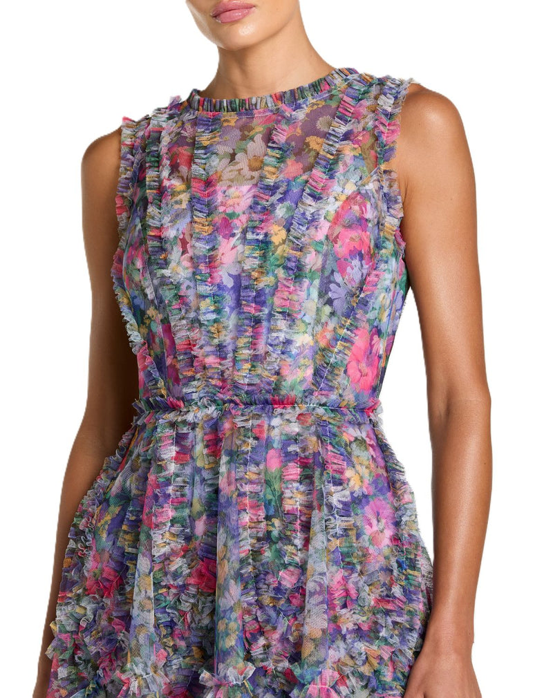 8307 - Purple Multi Micro Ruffle Floral A-Line Mini Dress by Mac Duggal in purple color for women Worldwide