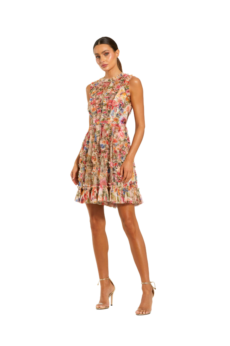 8307 - Multicolor Micro Ruffle Floral A-Line Mini Dress