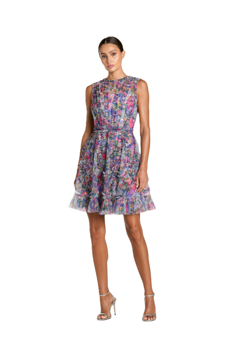 8307 - Purple Multi Micro Ruffle Floral A-Line Mini Dress