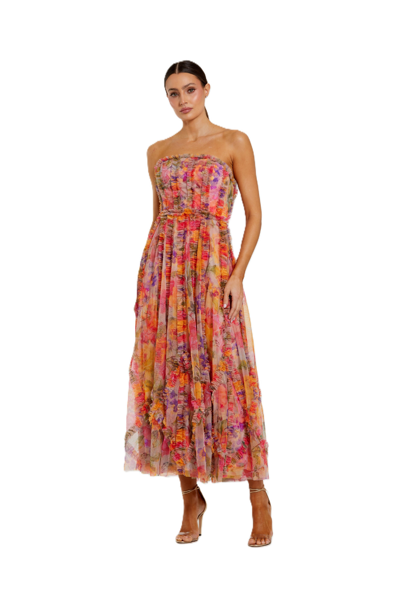 8308 - Multi Strapless Floral Ruffle Dress