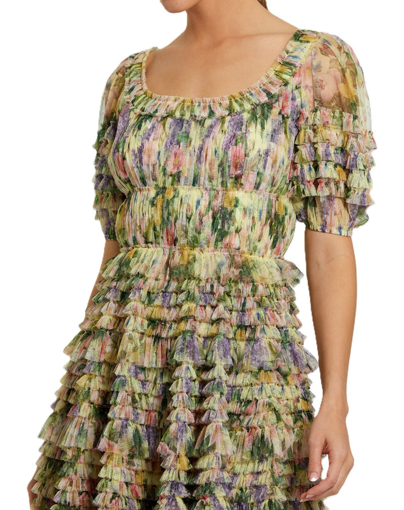 8327 - Multicolor Floral Puff Sleeve Ruffle Mini Dress polyester cocktail/party dress by Mac Duggal in yellow for women Worldwide