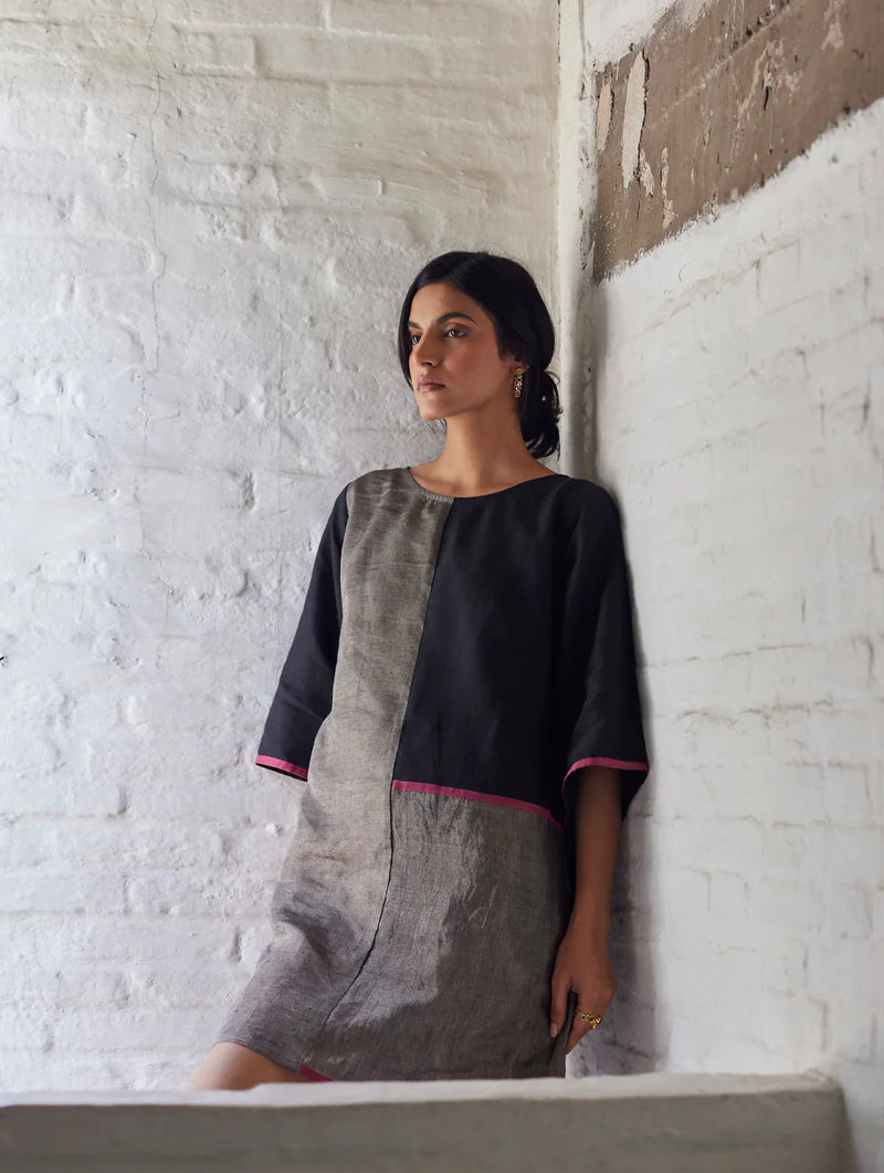 Ahana Metallic Linen Dress - Black linen by Manan in black color for women Worldwide