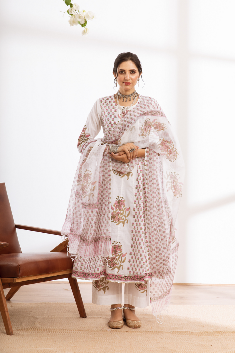 Himshweta - white hand block printed cotton kalidar set cotton by Maison Shefali in white color for women Worldwide