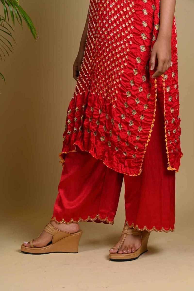 SCALLOP EMBROIDERED PANTS-RED silk by Dyelogue in red color for women Worldwide