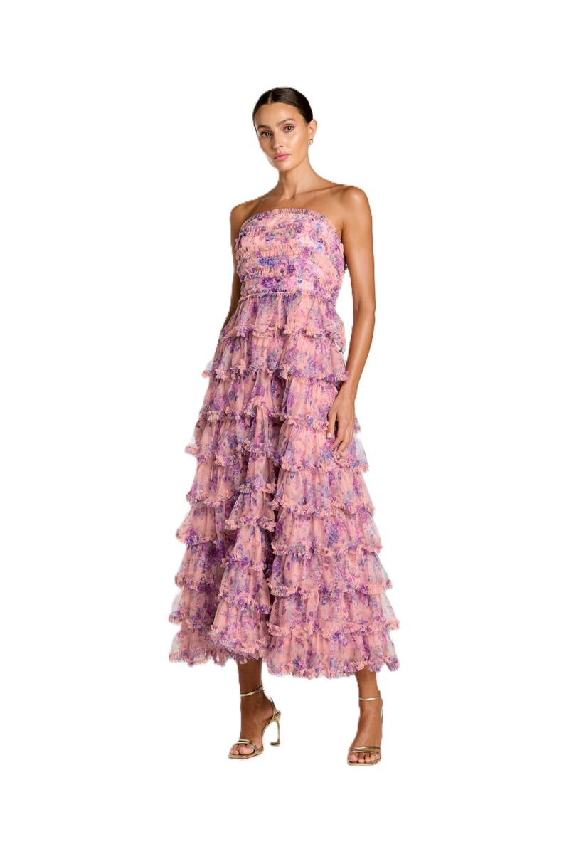 8420 - Orchid Multi Strapless Floral Ruffle Dress