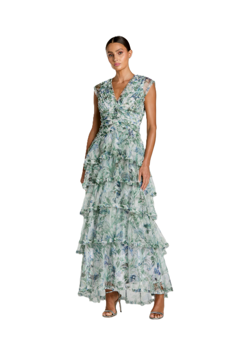 8423 - Blue Multi Floral Ruffle Dress