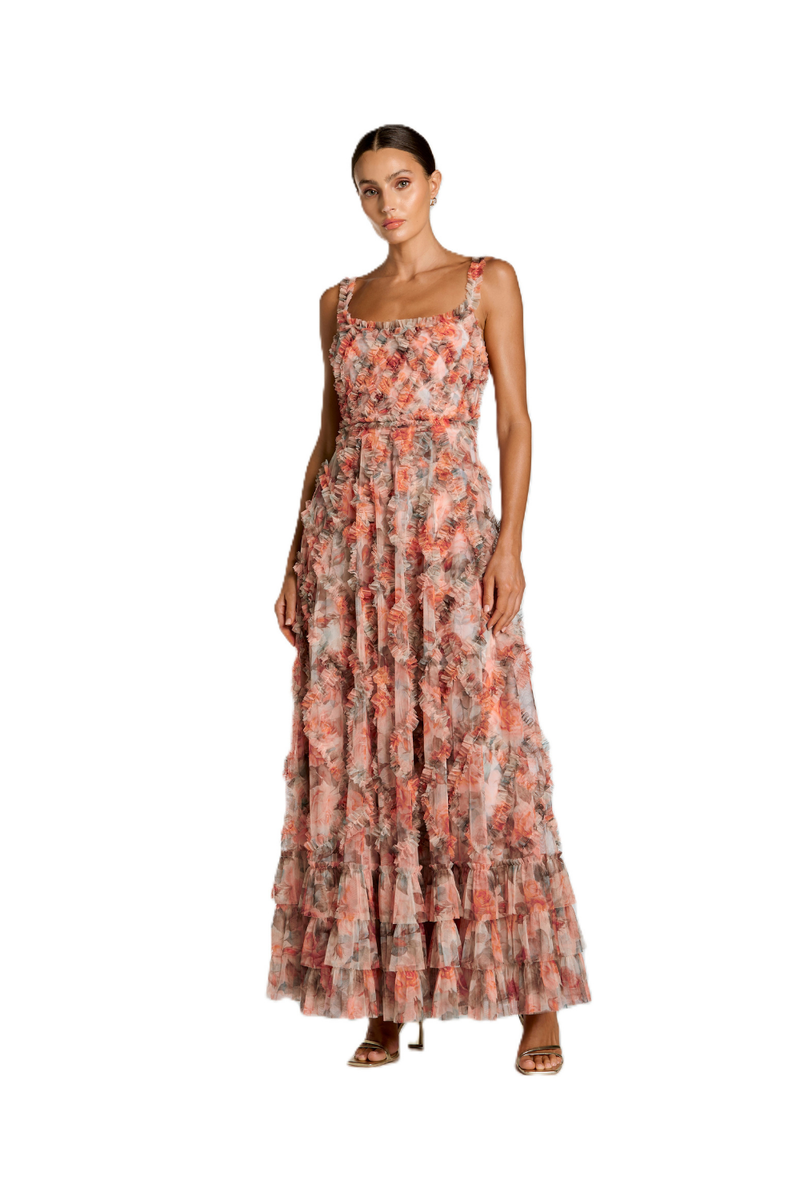 8424 - Multicolor Floral Ruffle Tiered Midi Dress polyester cocktail/party dress by Mac Duggal in multi - color for women Worldwide