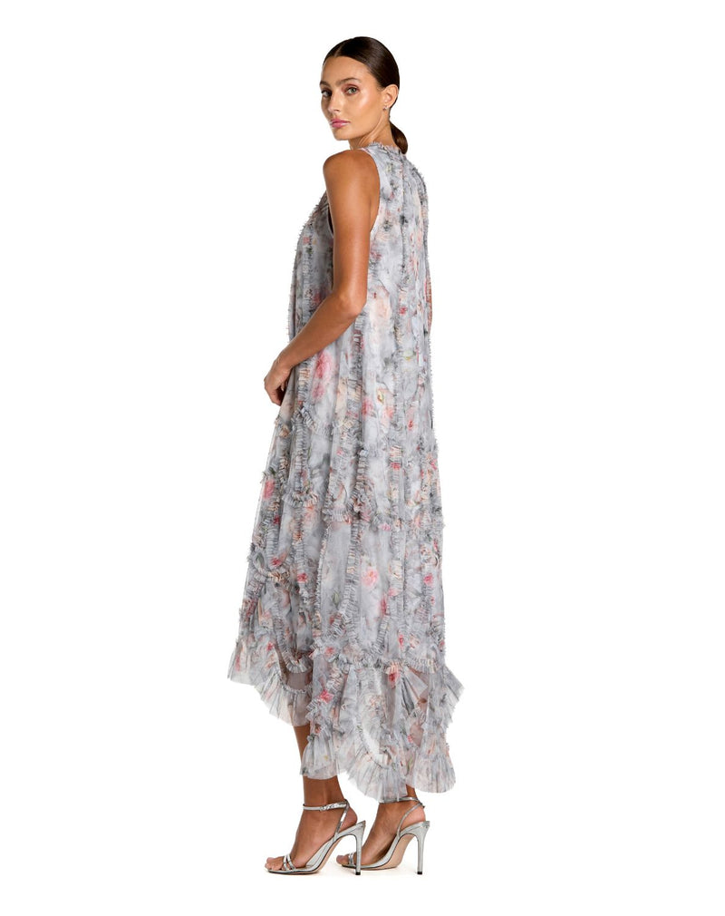 8430 - Pearl Grey Sleeveless High Neck Ruffle Floral Dress by Mac Duggal in grey color for women Worldwide