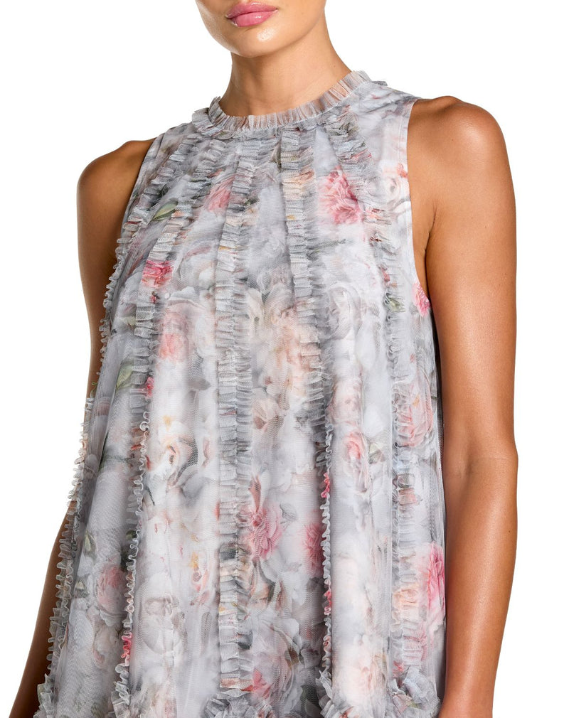 8430 - Pearl Grey Sleeveless High Neck Ruffle Floral Dress by Mac Duggal in grey color for women Worldwide