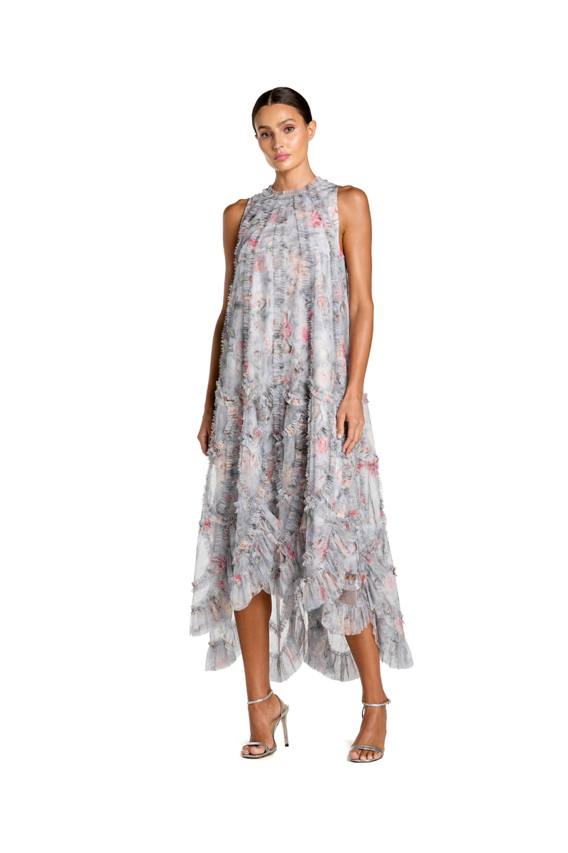 8430 - Pearl Grey Sleeveless High Neck Ruffle Floral Dress