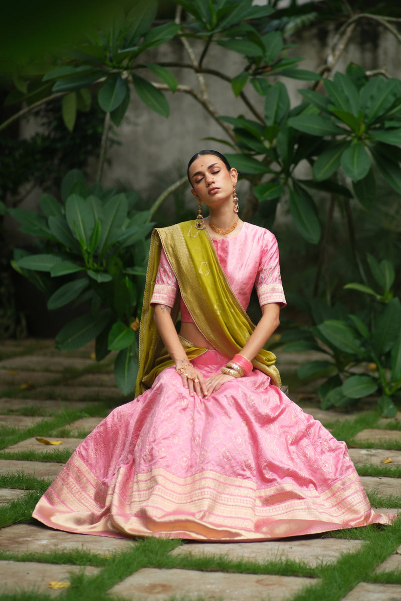 Ruh Lehenga Choli brocade lehenga sets by Myoho in pink for women Worldwide
