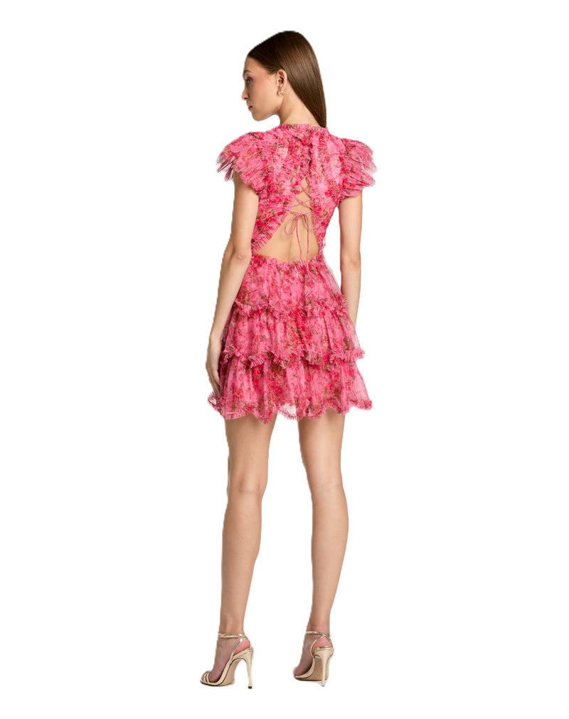 8473 - Pink Floral High Neck Cap Sleeve Ruffle Mini Dress by Mac Duggal in pink color for women Worldwide