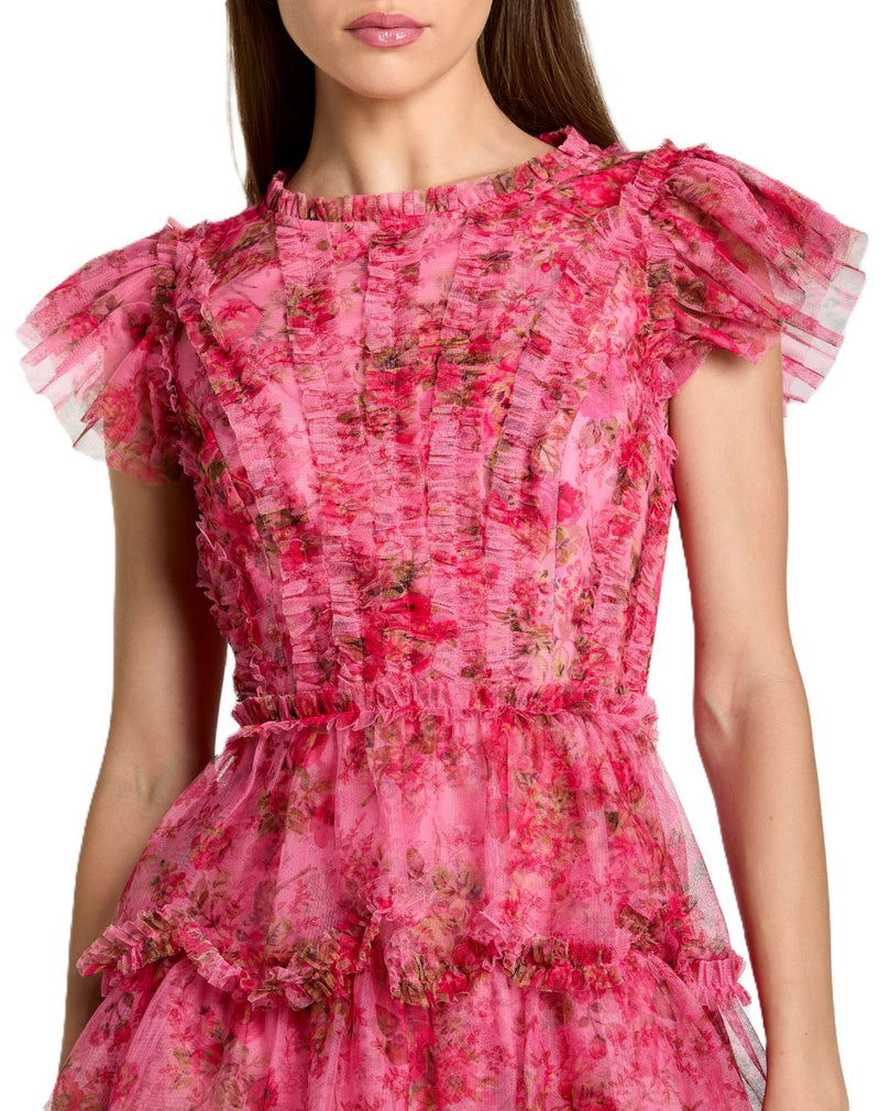 8473 - Pink Floral High Neck Cap Sleeve Ruffle Mini Dress by Mac Duggal in pink color for women Worldwide