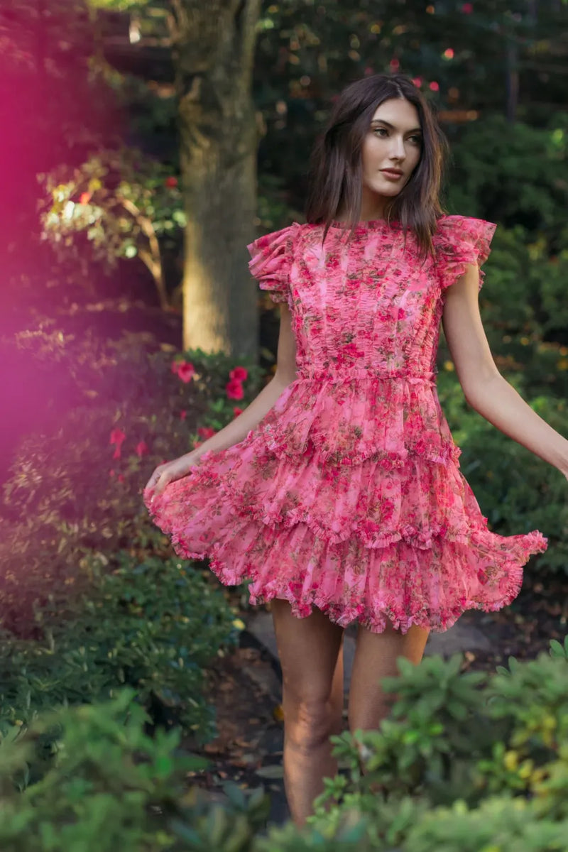 8473 - Pink Floral High Neck Cap Sleeve Ruffle Mini Dress by Mac Duggal in pink color for women Worldwide