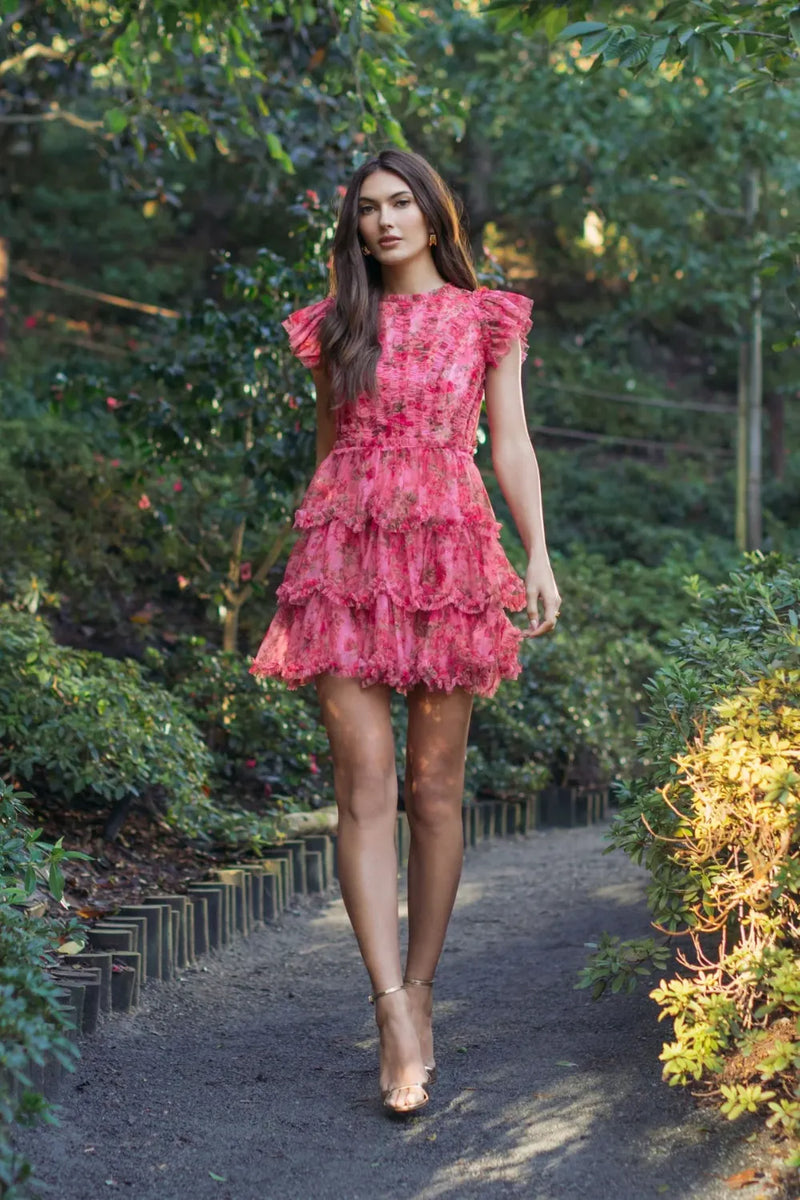 8473 - Pink Floral High Neck Cap Sleeve Ruffle Mini Dress by Mac Duggal in pink color for women Worldwide