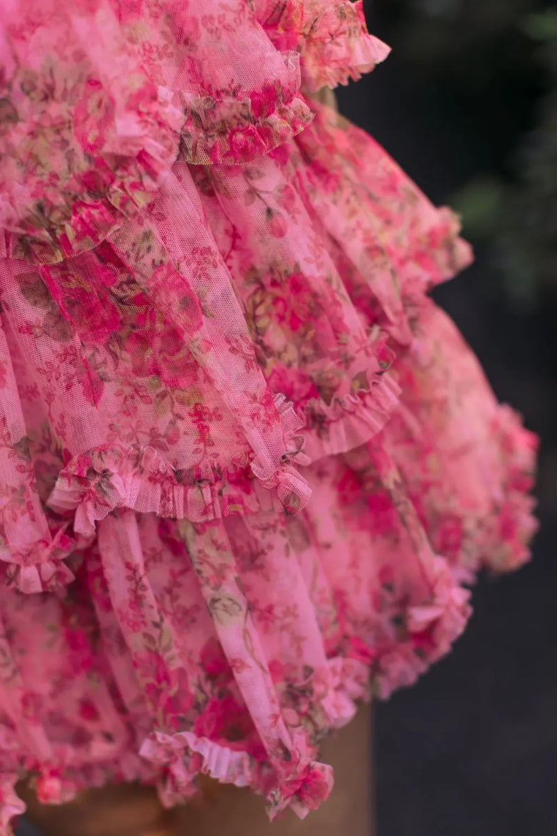 8473 - Pink Floral High Neck Cap Sleeve Ruffle Mini Dress by Mac Duggal in pink color for women Worldwide