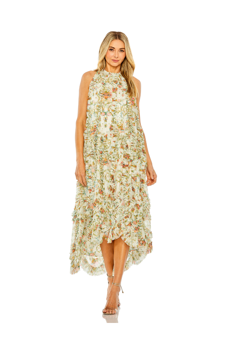 8489 - Ivory Sleeveless High Neck Ruffle Floral Dress