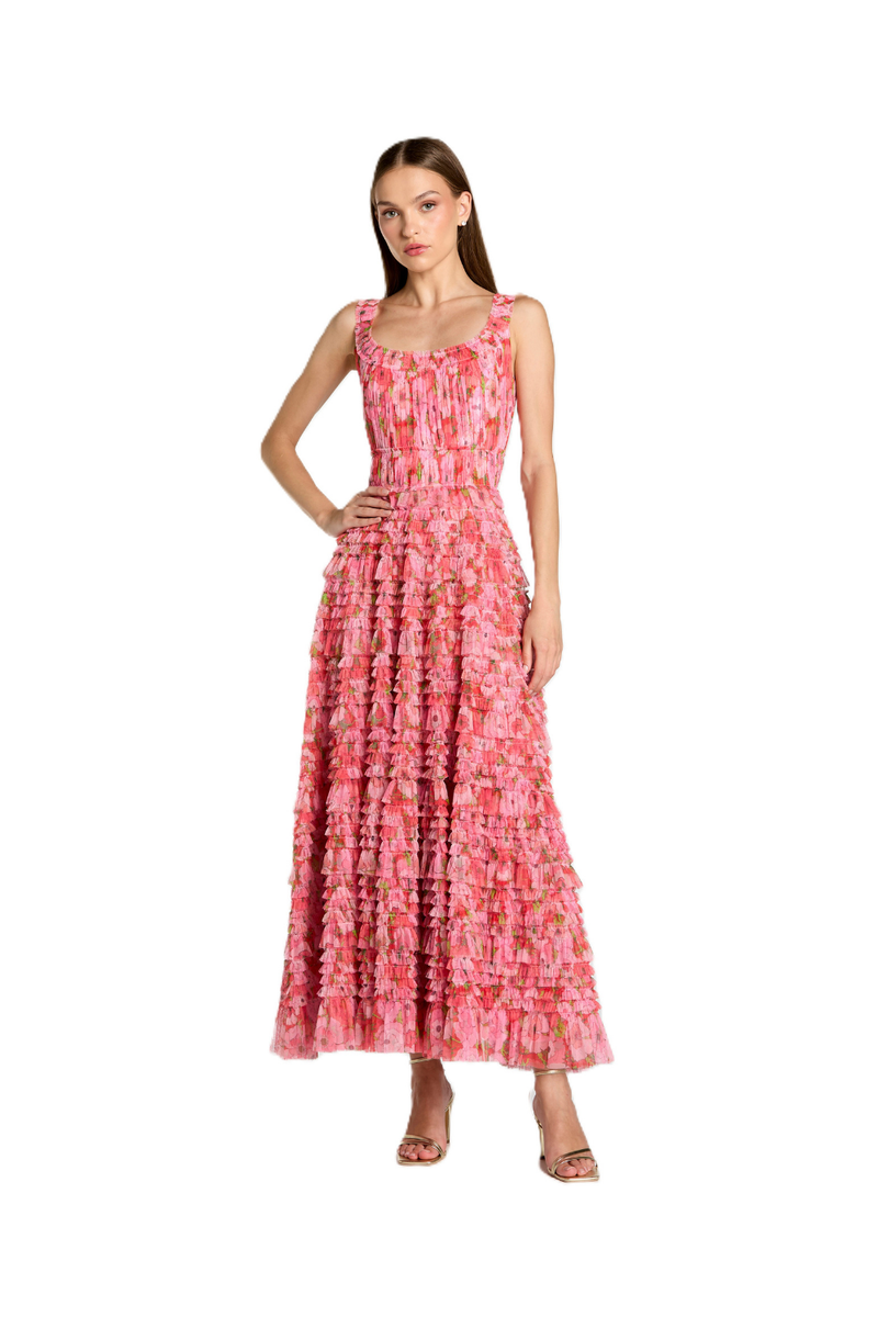 8496 - Pink Multicolor Floral Printed Ruffle Maxi Dress