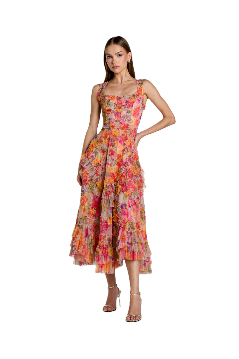 8499 - Multicolor Floral Scoop Neck A-Line Ruffle Midi Dress polyester cocktail/party dress by Mac Duggal in multi - color for women Worldwide