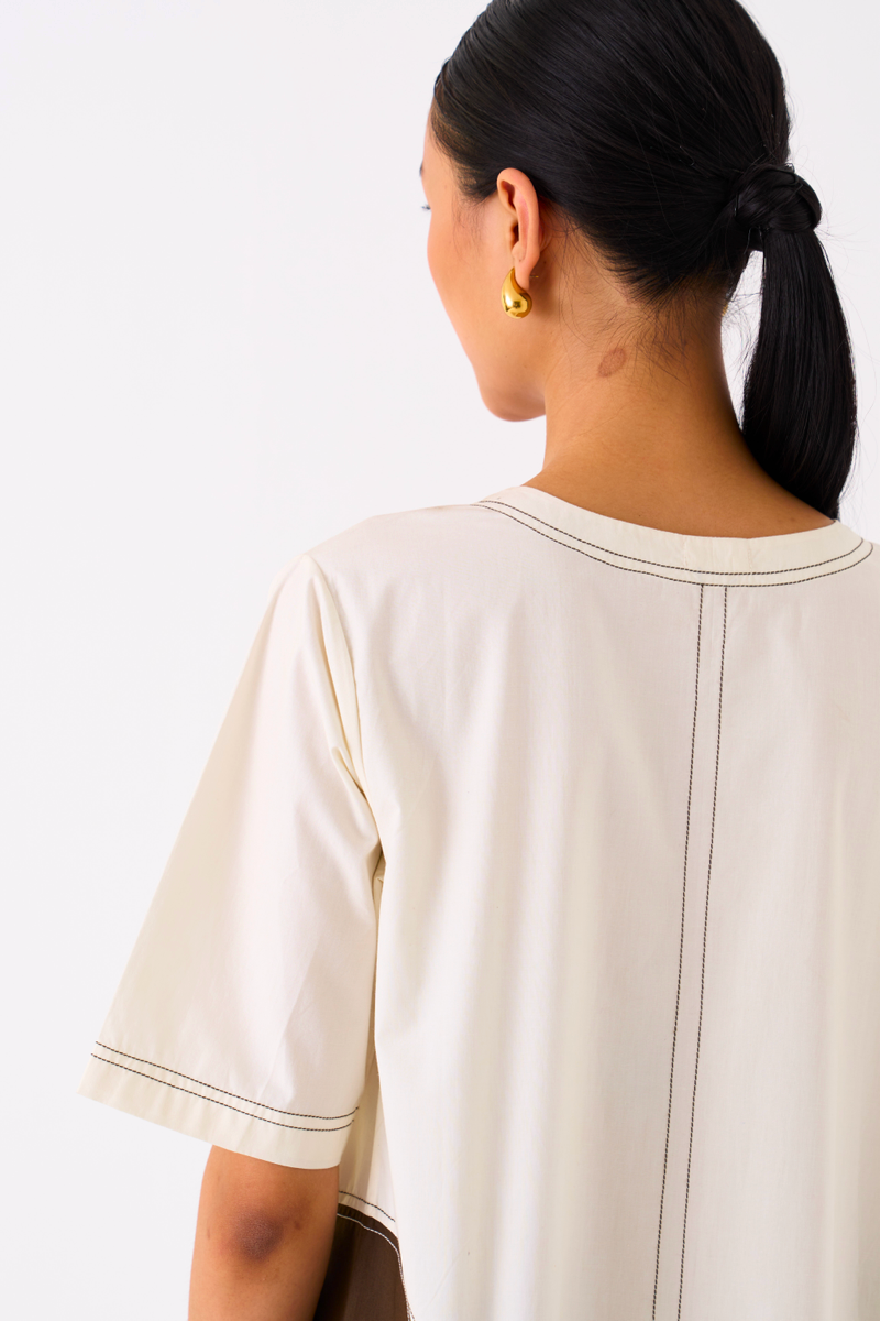 SIDE U-PLEAT DRESS-IVORY/DARK OLIVE poplin by THREE in olive color for women Worldwide