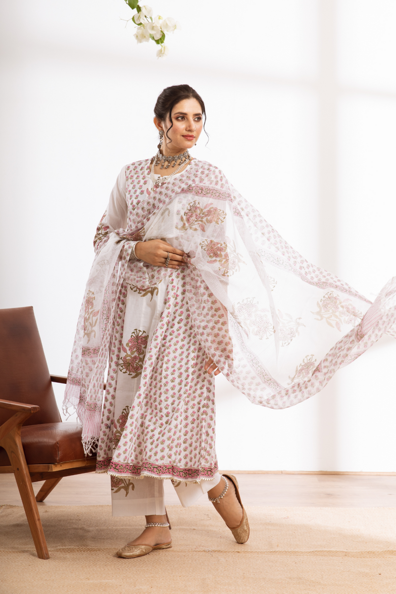 Himshweta - white hand block printed cotton kalidar set cotton by Maison Shefali in white color for women Worldwide
