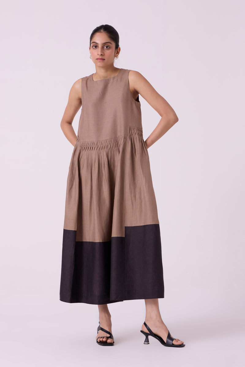 Sumi Brown Colourblocked Linen Midi Dress linen dress by The Summer House in brown for women Worldwide