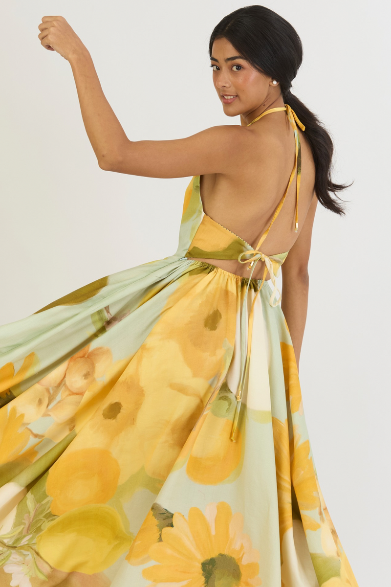 LEMONADE HALTER NECK DRESS satin by Yam in yellow color for women Worldwide