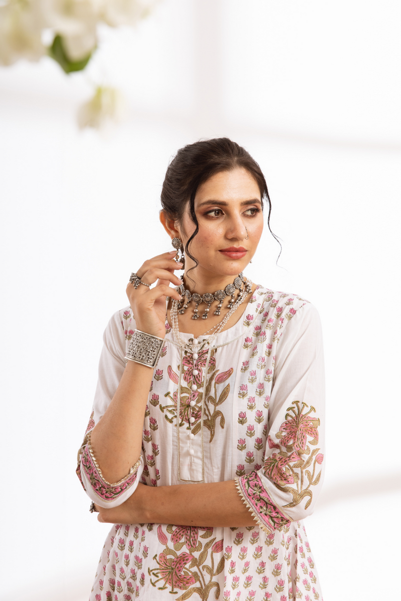 Himshweta - white hand block printed cotton kalidar set cotton by Maison Shefali in white color for women Worldwide