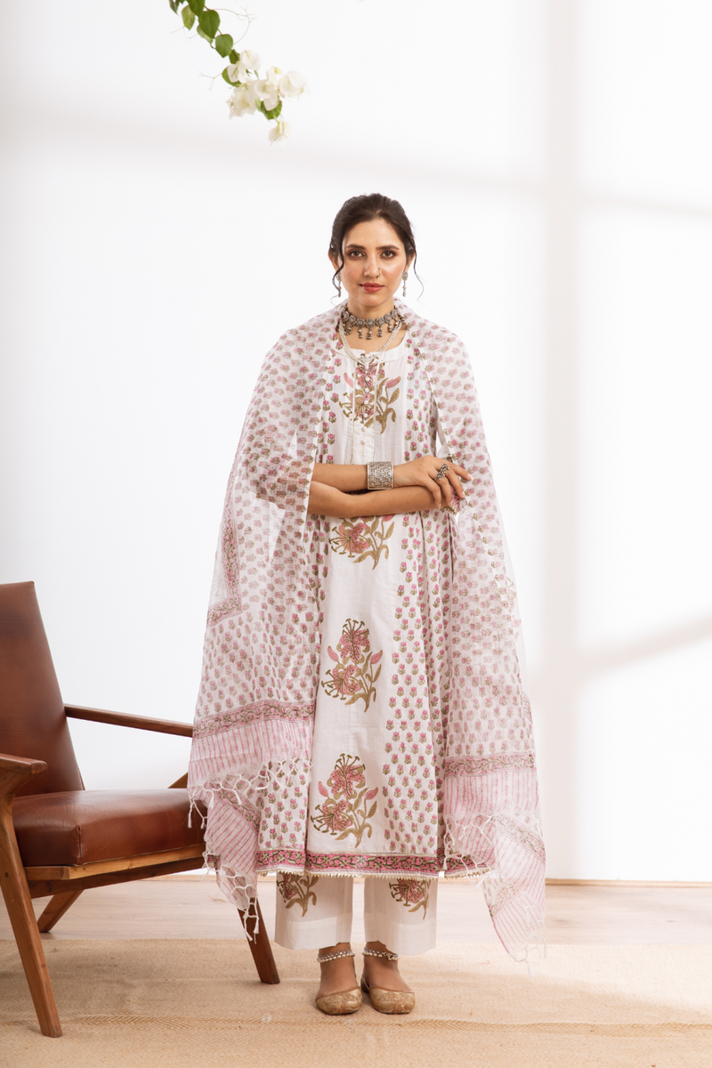 Himshweta - white hand block printed cotton kalidar set cotton by Maison Shefali in white color for women Worldwide