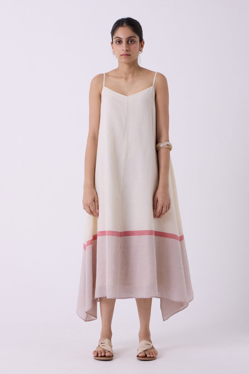 Jane Ecru Colourblocked Handwoven Dress handwoven cotton dress by The Summer House in off white for women Worldwide