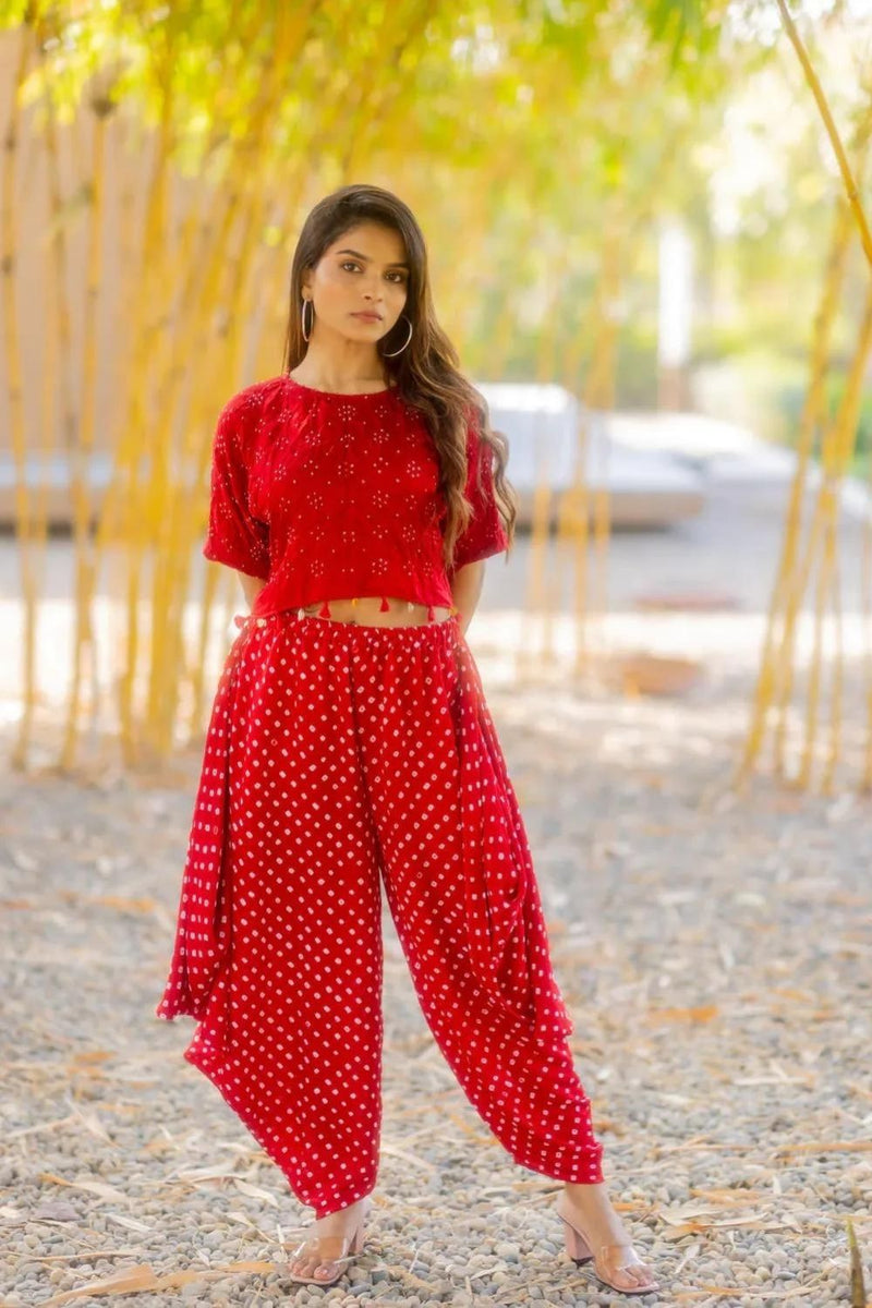 BANDHANI WRAP DHOTI-RED silk by Dyelogue in red color for women Worldwide
