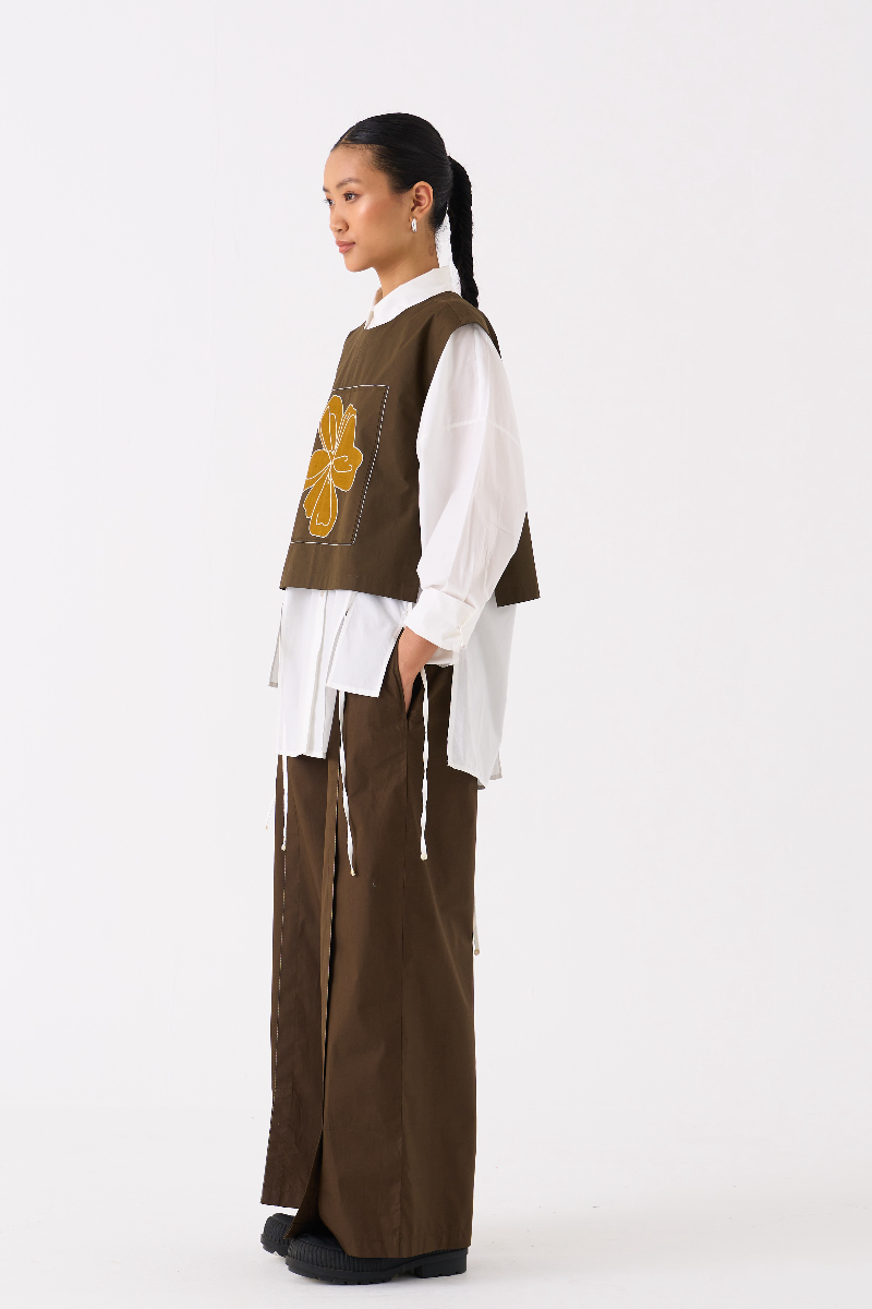 PANELLED SHIRT CO-ORD 
(SET OF 3)-DARK OLIVE poplin by THREE in olive color for women Worldwide