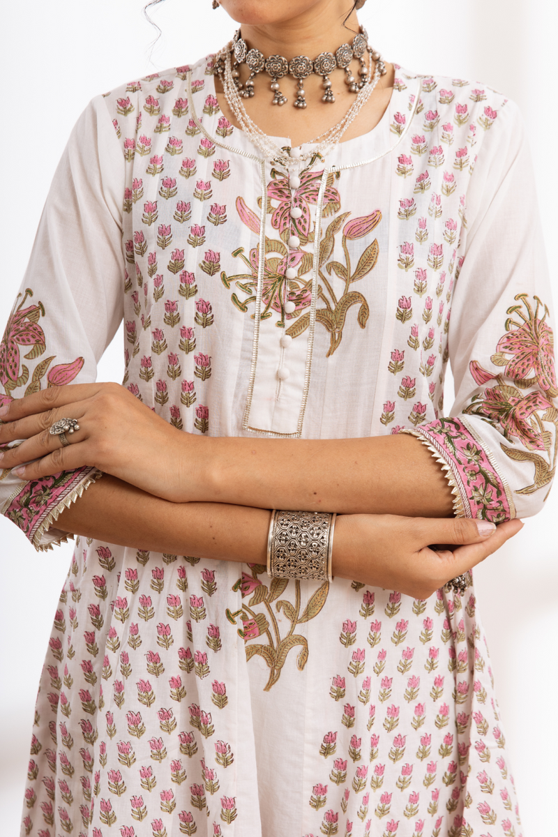 Himshweta - white hand block printed cotton kalidar set cotton by Maison Shefali in white color for women Worldwide