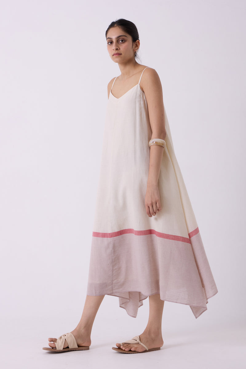 Jane Ecru Colourblocked Handwoven Dress handwoven cotton dress by The Summer House in off white for women Worldwide