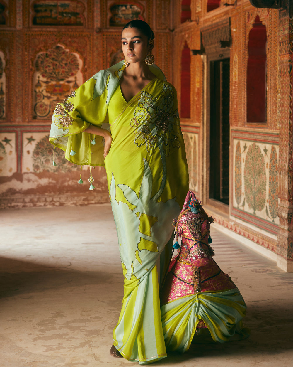 Khel Bright Green And Powder Blue Floral Saree